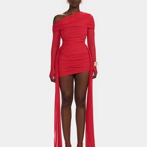 Red One-Shoulder Ruched Mini Dress